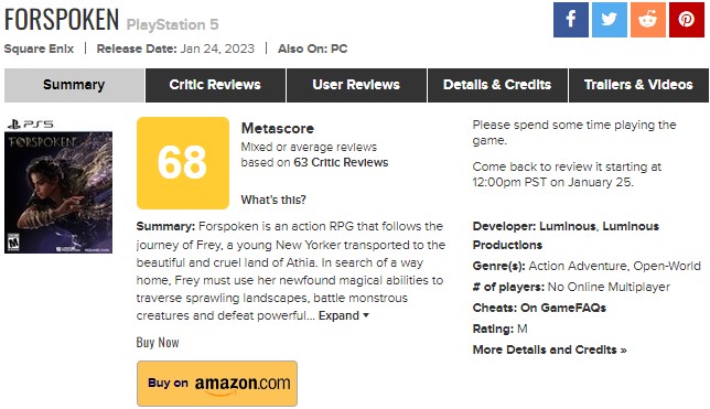 Оцінка Forspoken на Metacritic