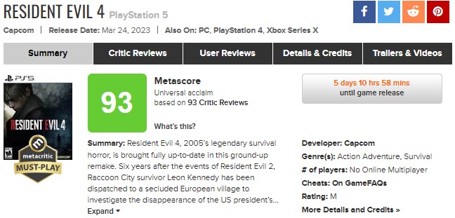 Оцінки Resident Evil 4 Remake на Metacritic