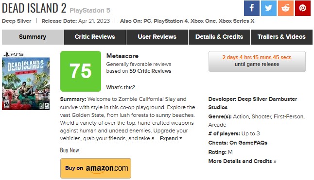 Оцінки Dead Island 2 на Metacritic