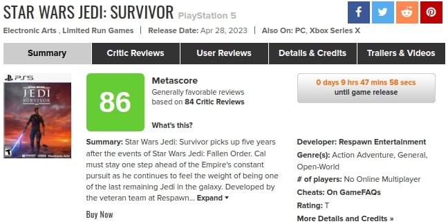Оцінка Star Wars Jedi: Survivor на Metacritic