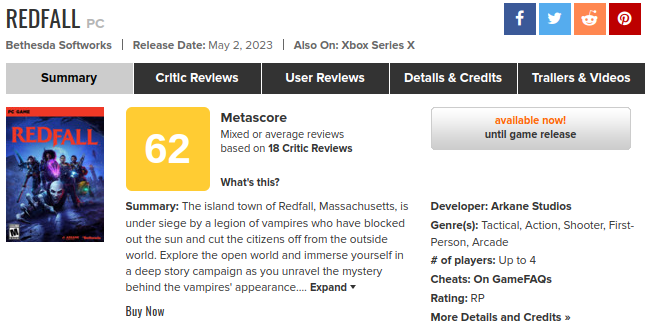 Оцінка Redfall та Metacritic