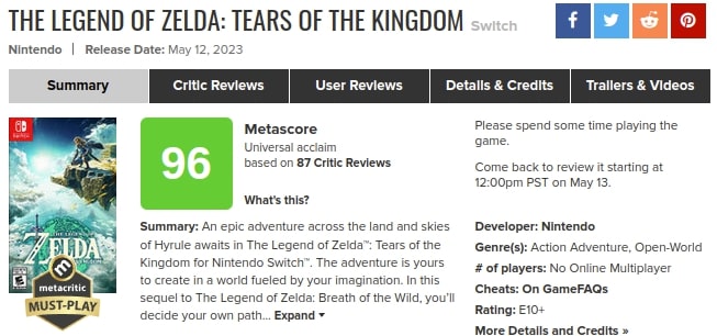 Оцінки The Legend of Zelda: Tears of the Kingdom на Metacritic
