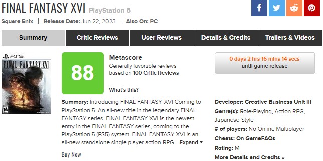 Оцінка Final Fantasy 16 Metacritic