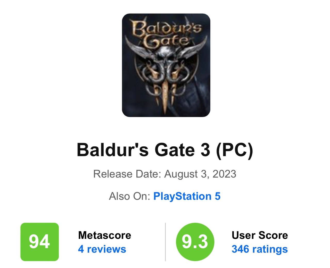 Оцінки Baldur's Gate 3 на Metacritic