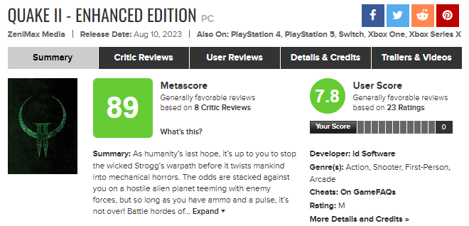 Оцінка Quake II на Metacritic