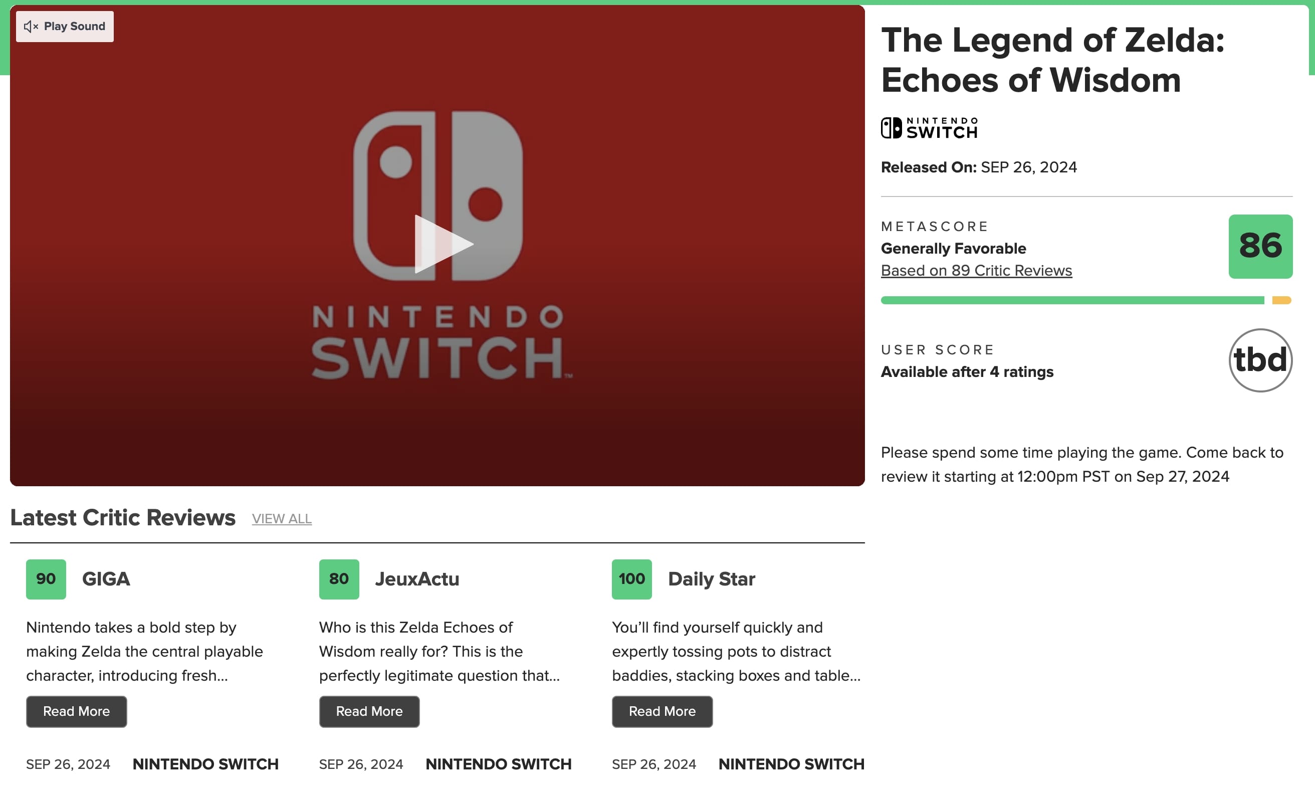 Оцінки The Legend of Zelda: Echoes of Wisdom на Metacritic