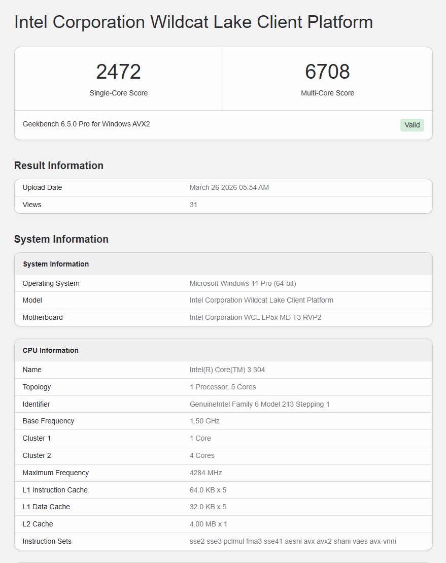 Параметри intel wildcat lake core 3 304